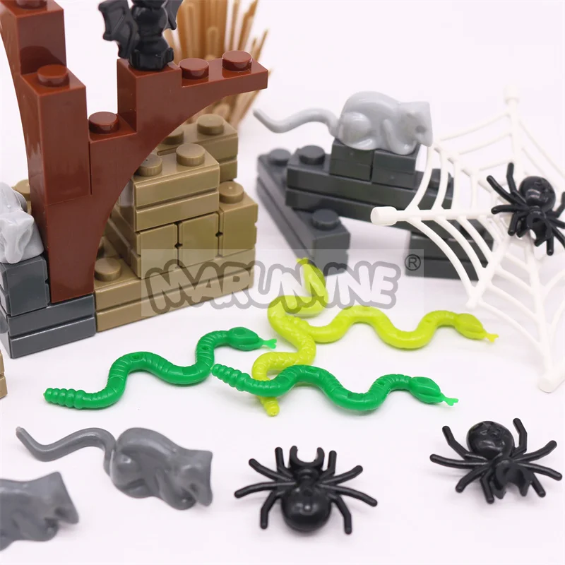 Marumine Halloween Building Blocks Accessories Spider Bat Mouse Snake Bush MOC Bricks Parts 6064 30238 30103 40234 Compatible