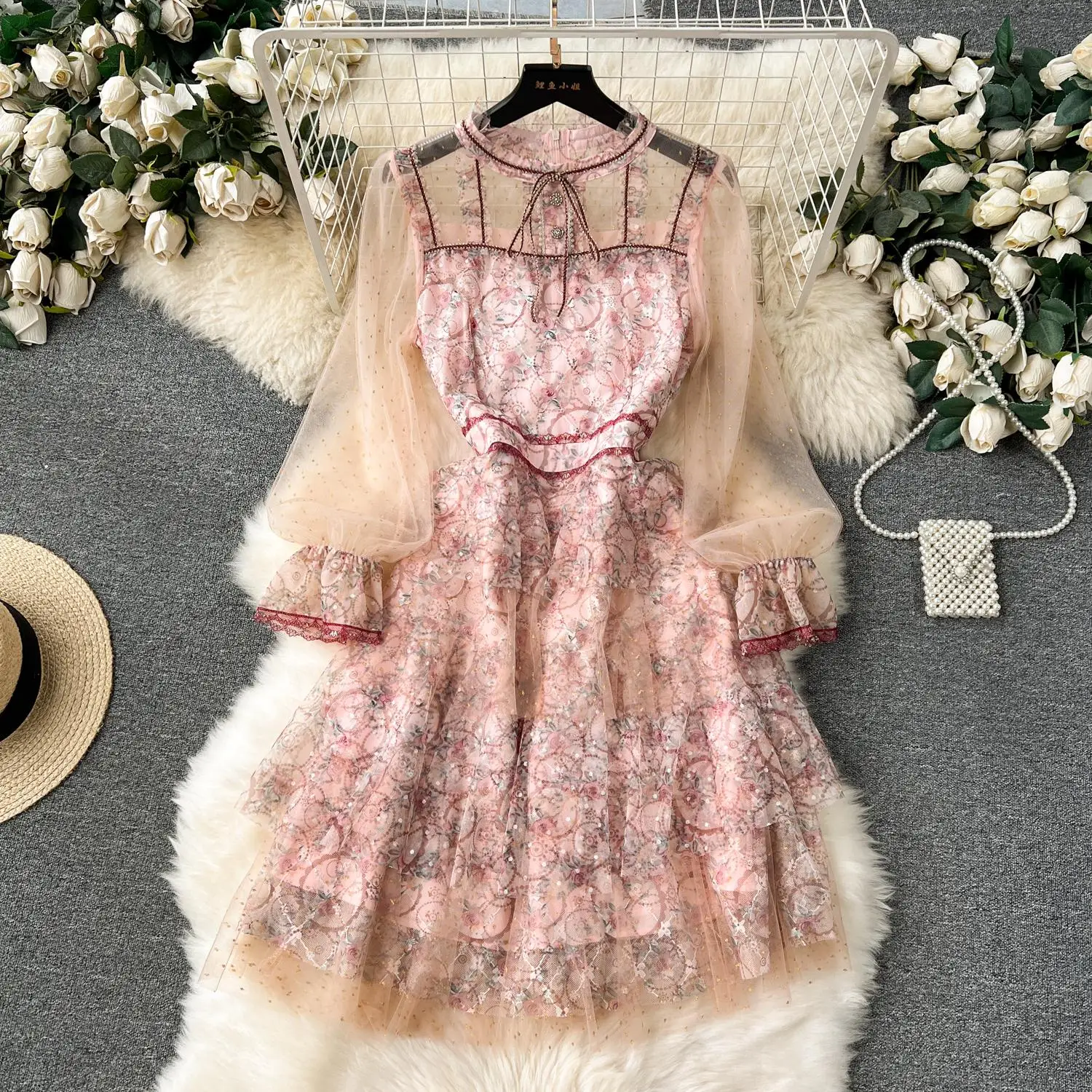

New Runway Summer A-Line Cake Dress Women's Flare Sleeve Floral Embroidery Elegant Sequins Mesh Hollow Out Mini Vestidos