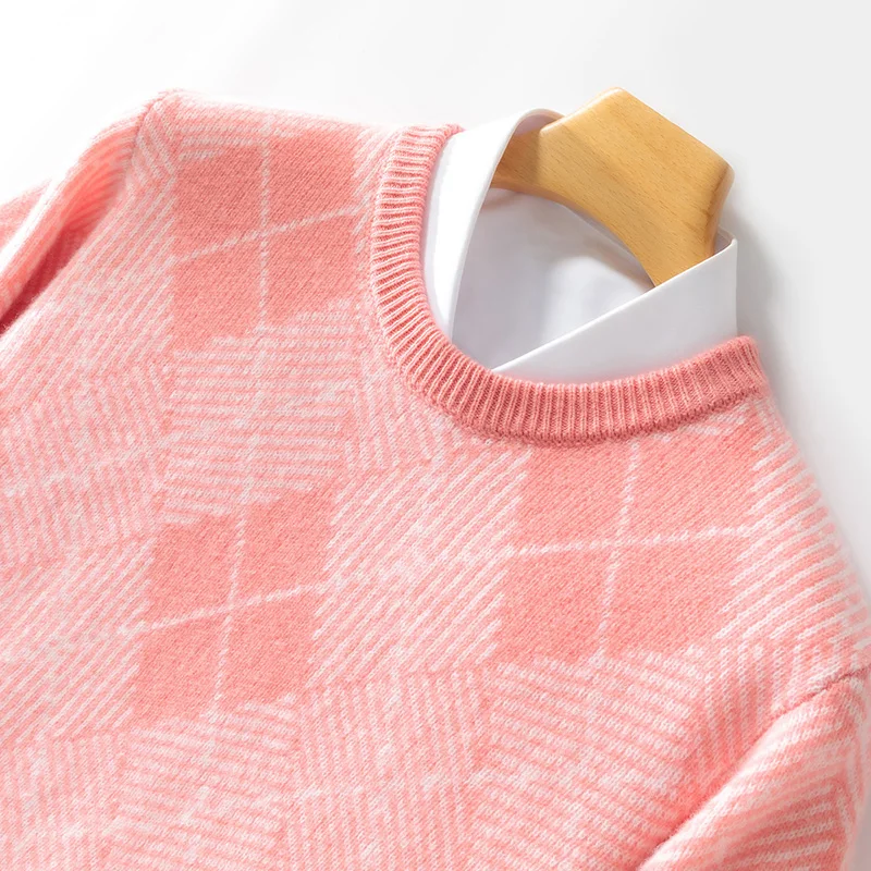 Autumn And Winter Men's 100% Pure Wool Round Neck Diamond Color Matching Long-Sleeved Sweater Loose Wool Knitted Bottoming shirt