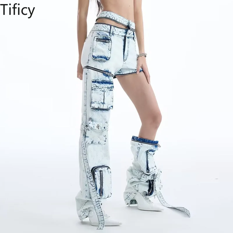 

TIFICY 2024 Spring New Fashion Personality Hollow Out Sense Deconstructed Pocket Decoration Denim Pants Two Wear Workwear