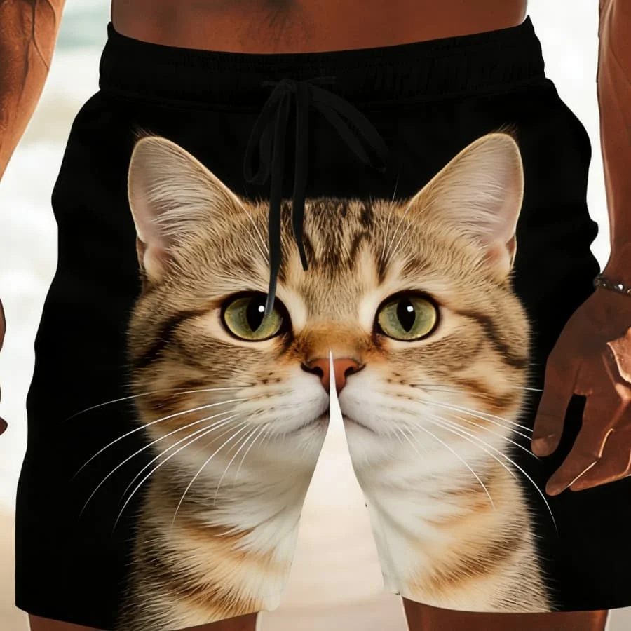 

Cute Tabby Cat Face Graphic Beach Shorts, Men's Casual Drawstring Swim Trunks, Crafted for Pet Lover & Beach Looks