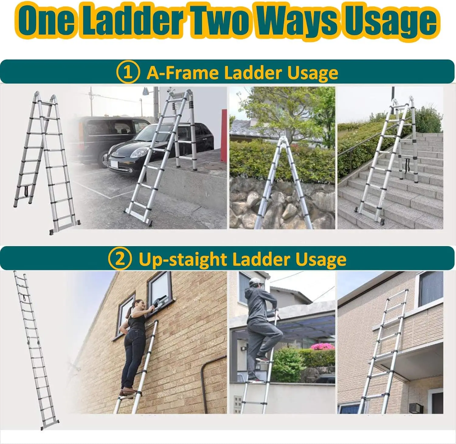 Ladder A Frame Telescopic Ladder 3.8m Aluminum Telescoping Extension Ladder Multi-Purpose with Stabilizer Bar for Home, EN131