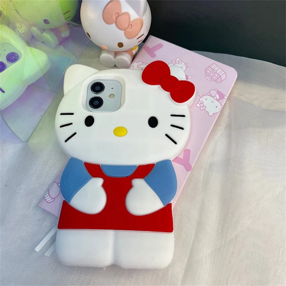 Sanrio 3D Stereoscopic Hello Kitty Cases For iPhone 16 15 14 13 12 11ProMax Mini XR XS 8Plus Soft Silicone Shockproof Back Cover