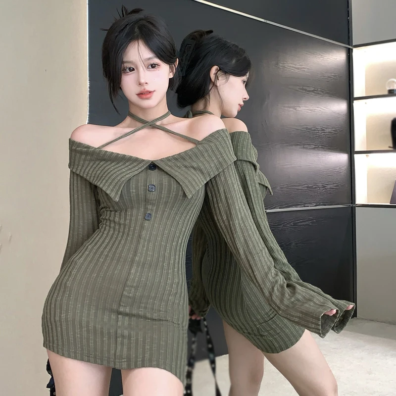 Women's Bodycon Dress Spring Autumn Retro Solid Colour Turndown Collar Off Shoulder Slim Sexy Knitted Long Sleeves Dress