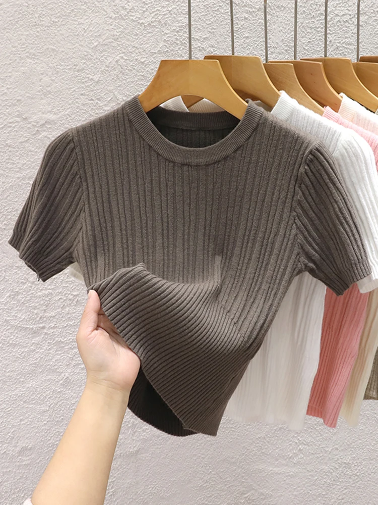 2024 letnie T-shirty damskie na co dzień koreańskie dzianinowe koszulki Streetwear Basic Solid Young fajne topy
