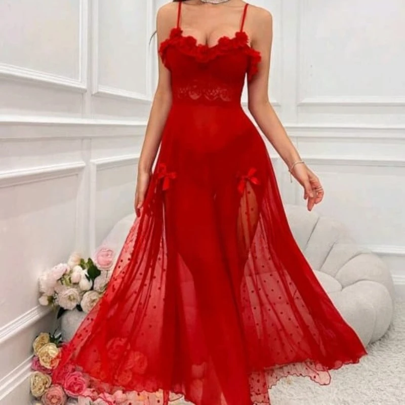 

Сексуальные женские пижамы, сетчатая прозрачная ночная рубашка, кружевная вышивка на тонких бретельках, длинная женская домашняя одежда, сексуальное платье