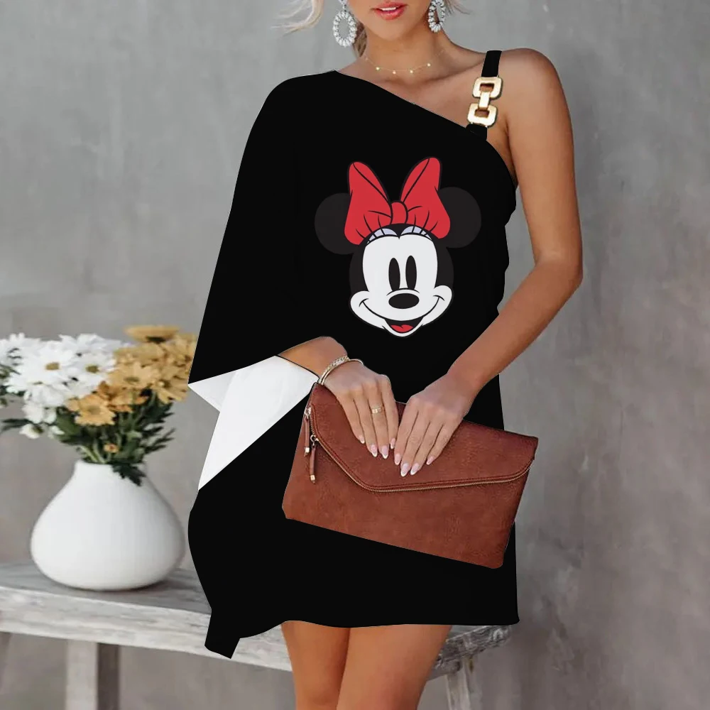 

Minnie Mouse Summer Dresses Woman 2022 Offer Sexy Dress for Women Disney Luxury Party Dress Diagonal Collar One-Shoulder Mickey