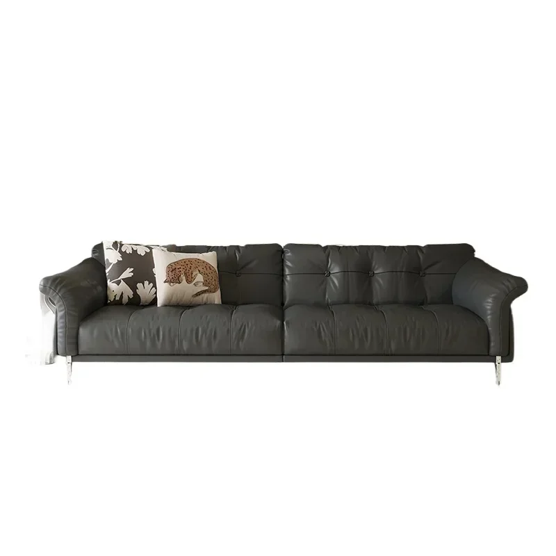 

French retro leather sofa, small apartment living room leather sofa, Hepburn black high-footed straight top-layer cowhide sofa