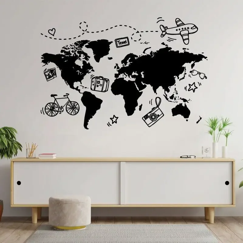 Go Travel World Map Naklejka ścienna Biuro Agencja podróży Dom wakacyjny Dom Sypialnia Art Deco Kreatywna winylowa naklejka Mural Prezent D3