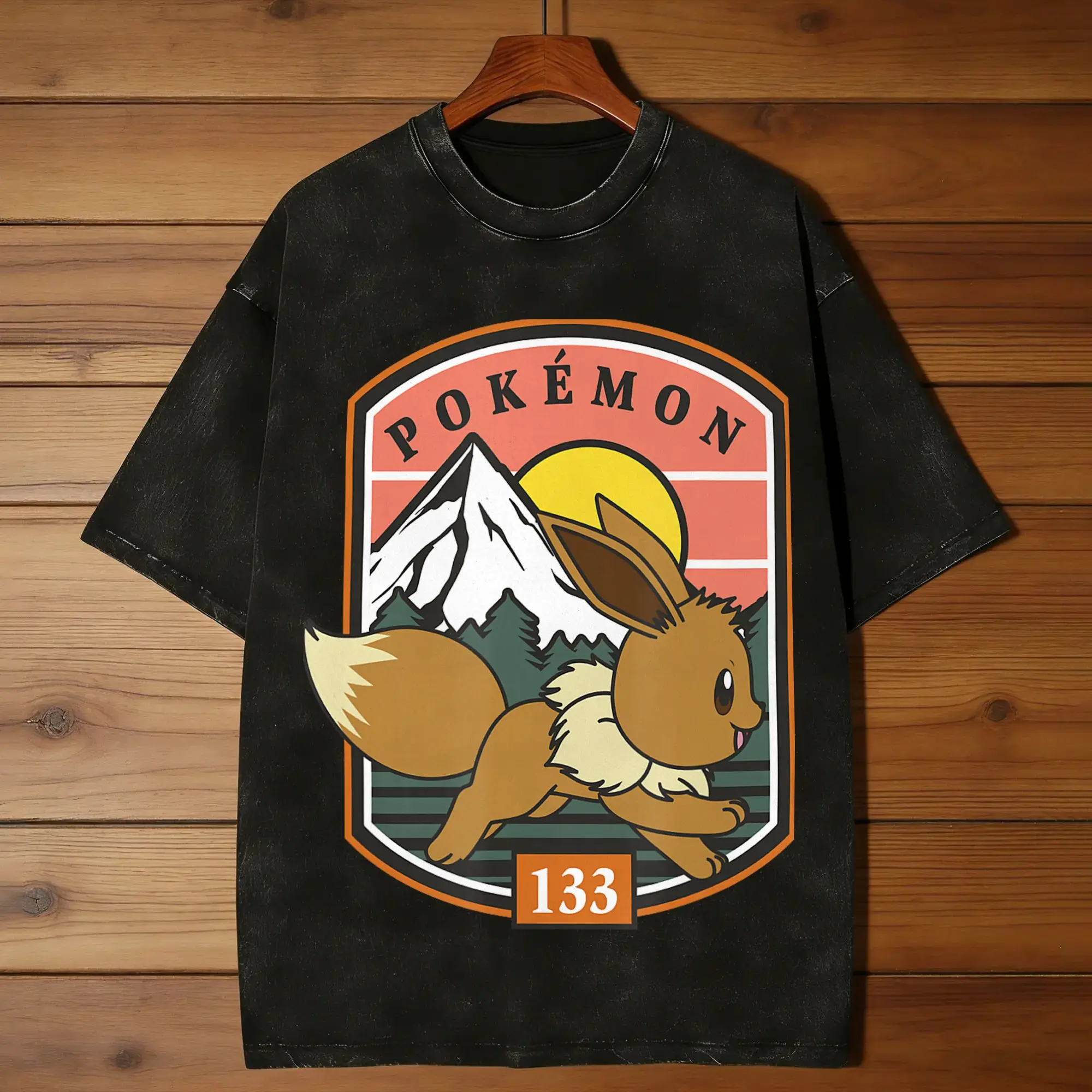 133 Eevee Outdoor Adventure Forest Park Badge Washed T-Shirt Men  Summer O Neck Hip Hop Tees Simple Oversized Clothes