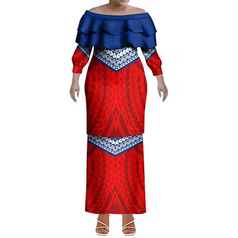 2025 New Design Women'S Puletasi Two-Piece Dress Set Polynesian Samoan Fiji Island Style Artistic Print Party Evening Dress