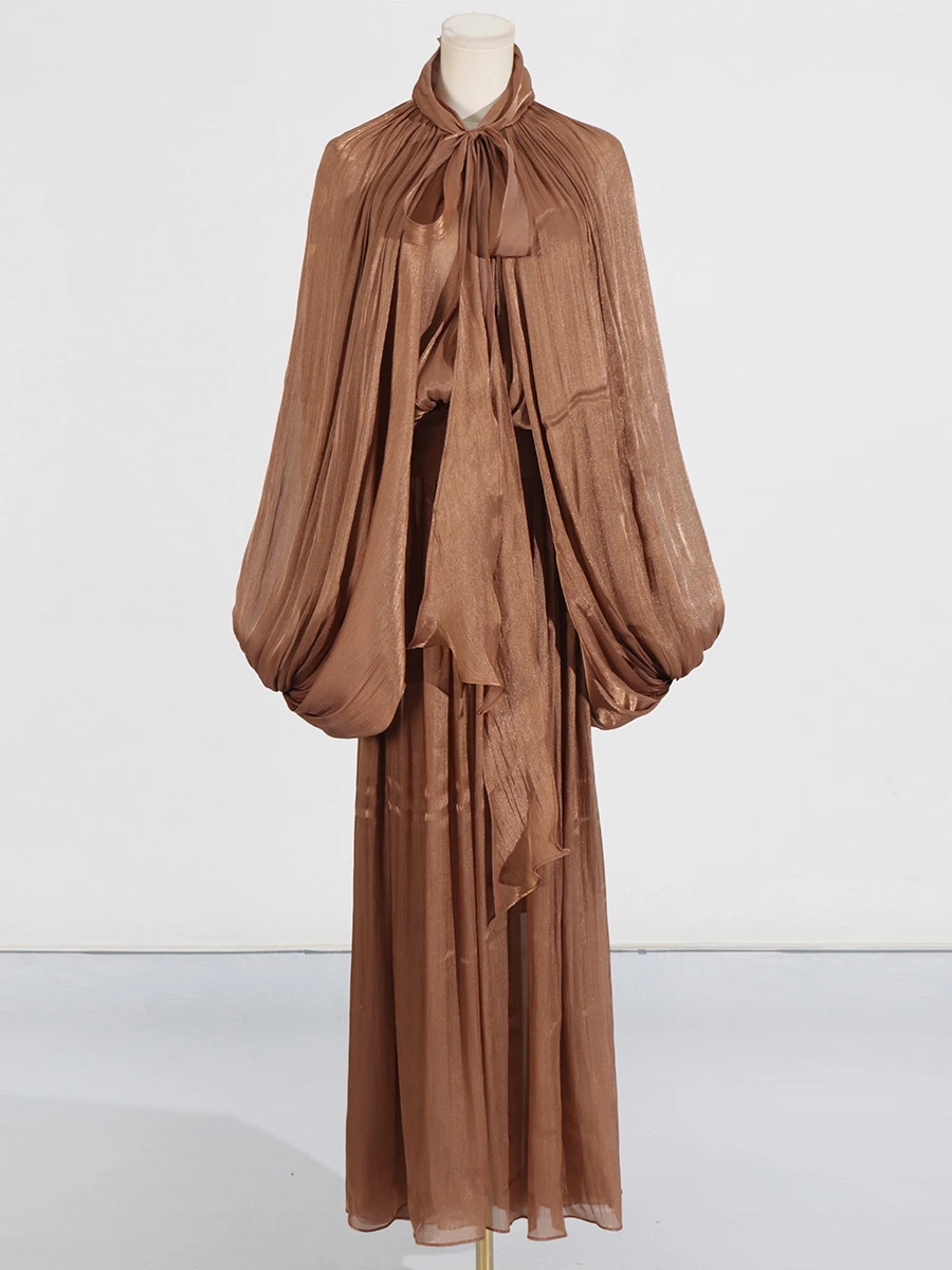 CHICEVER Luxury Chic Prom Robe for Women Scarf Collar Lantern Sleeve High Waist Temperament Pleated Evening Dress Female Clothes