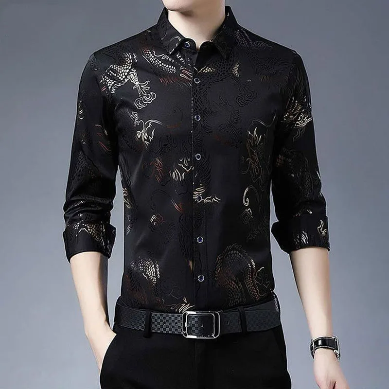 2024 Autumn New Men's Polo Neck Printed Ice Silk Long Sleeved Flower Shirt Spring Fashion Casual Slim Fit Versatile Business Top