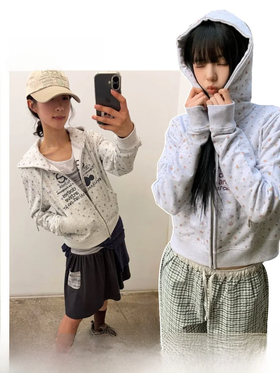 

Hanna Floral Print Sweatshirt Jacket Women's Short Loose Fit Hooded Zipper Cardigan Spring Season Casual Comfortable Cotton