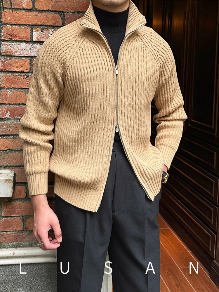 High-End Korean Style Casual Thick Sunken Stripe Stand Collar Cardigan Vintage Warm Men's Sweater Coat