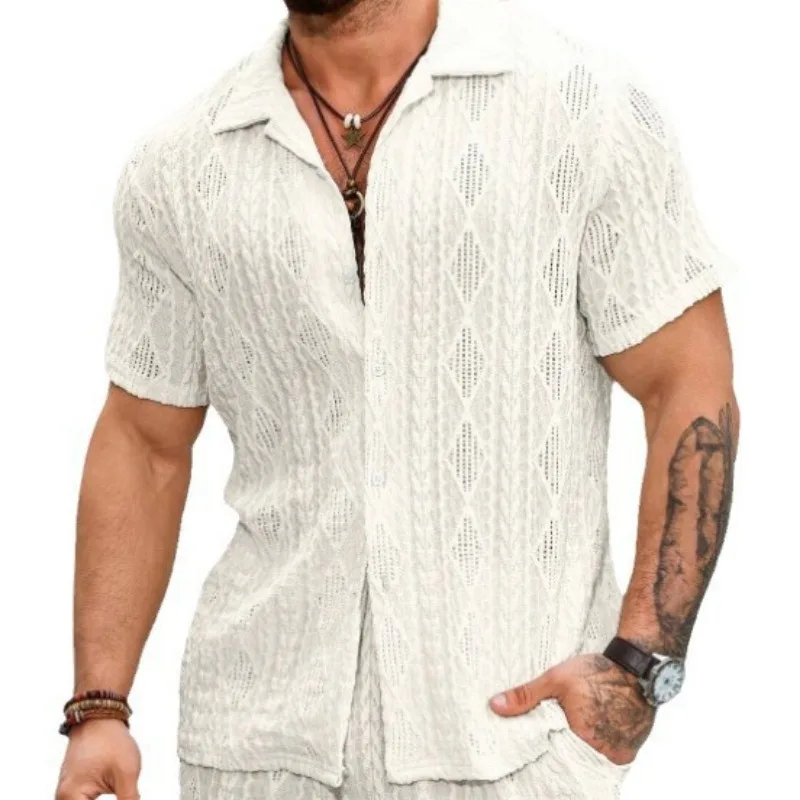 Men\'s Short-sleeved Shirt Casual Cardigan Top Loose Knit Tshirt Male