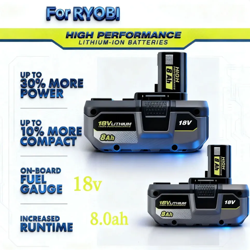 Batterie lithium rechargeable RYOBI 18V 8Ah - Haute capacité, longue durée de vie, compatible avec tous les outils de la série ONE+ - Version améliorée 2025
