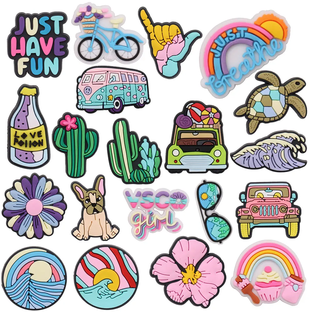 Mix 50pcs PVC Glasses Just Have Fun Breath Girl Bicycle Travel Cactus Shoe Charms Fit Wristbands Garden Shoes Button Decoration