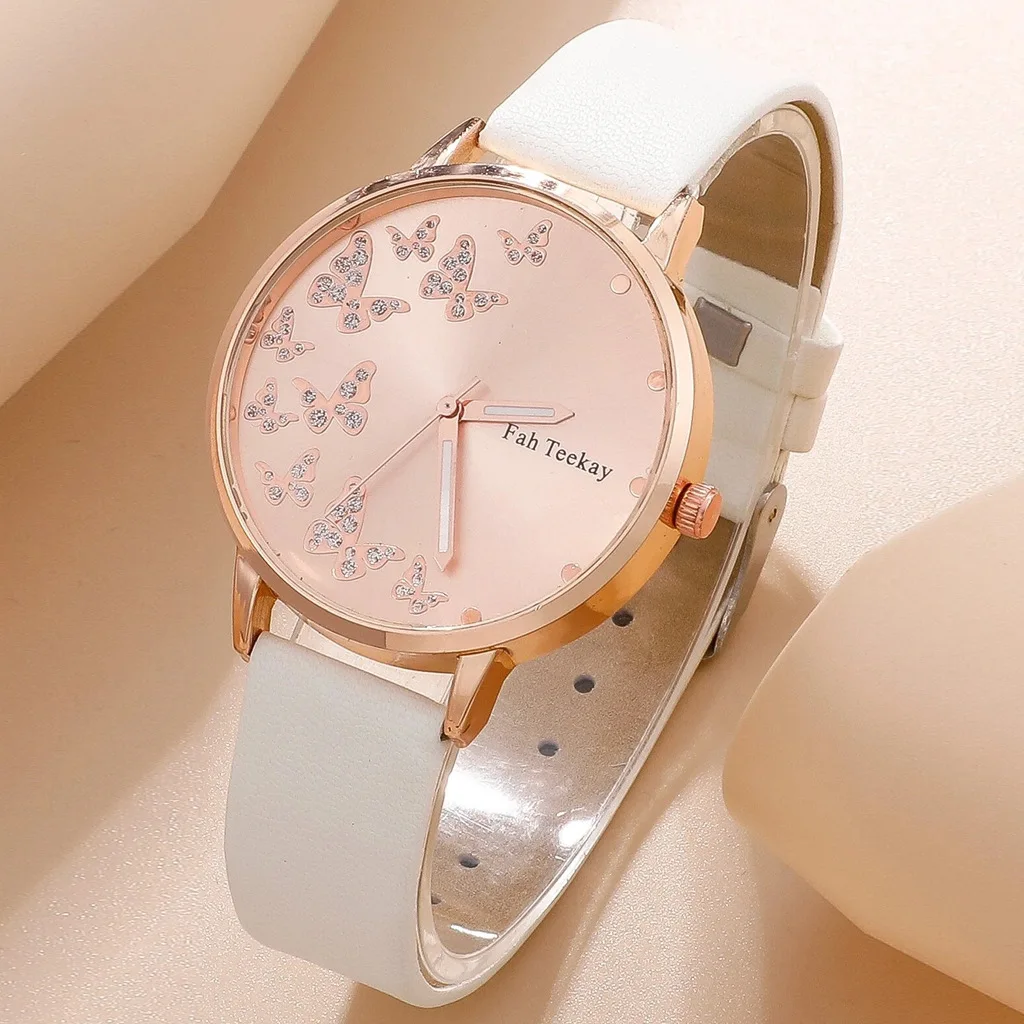 2pcs/set fashion Butterfly pattern rhinestone pu leather women wrist watch