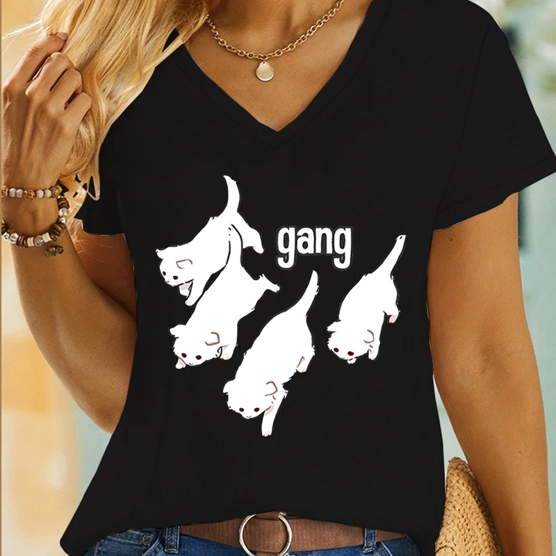 Funny Gang Cat Design Summer Woman T-shirts Cat Lover Gift for Women V-neck Casual Girls Clothing Cute Animals Premium T-shirt