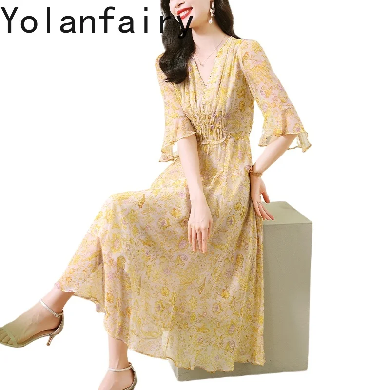YOLANFAIRY High-end 100% vera seta di gelso vestito da donna 2025 estate francese elegante abito floreale con scollo a V abiti lunghi da vacanza