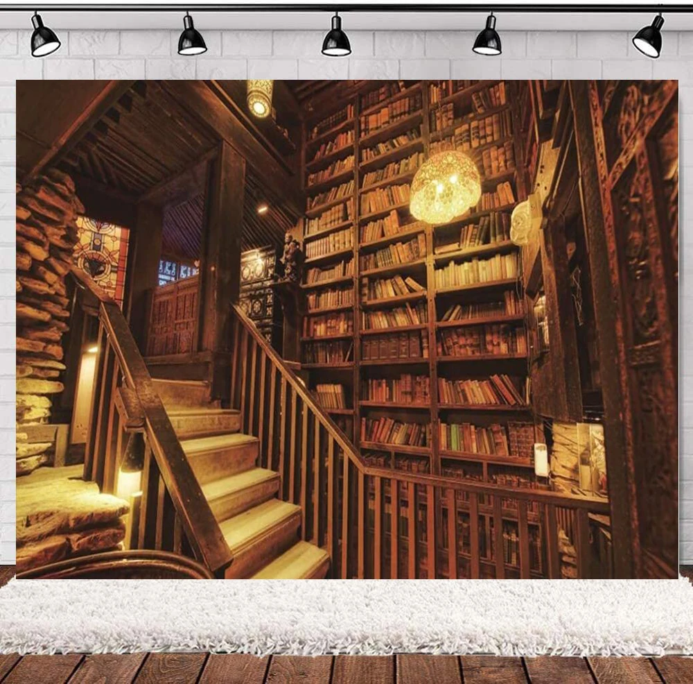 Old Library Interior Staircase Photography Backdrop Yellow Droplight Retro Bookshelves With Books For Room Background Banner
