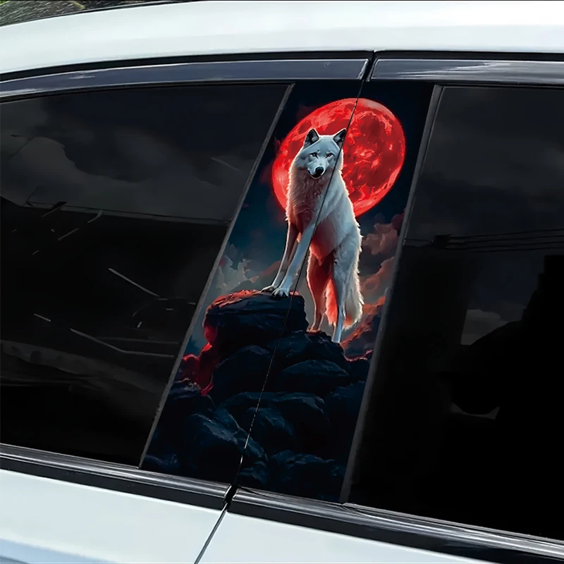 

2 наклейки на B-стойку автомобиля, виниловая защитная пленка «Белый волк под красной луной»