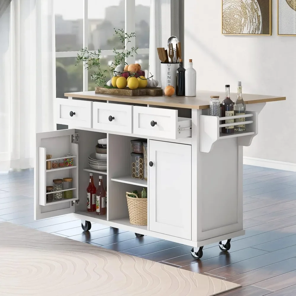 Kitchen Cabinets, Rubber Wood Drop-Leaf Countertop,Internal Storage Cabinet Racks W/ 5 Wheels & 3 Drawers, Kitchen Cabinets