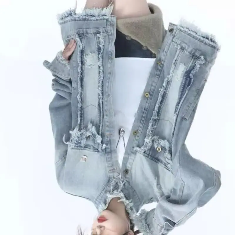 Autumn Ripped Denim Jacket Men's Ins Loose Hong Kong Style Trend Tooling Top Couple's Versatile Casual Jacket Exquisite Simple