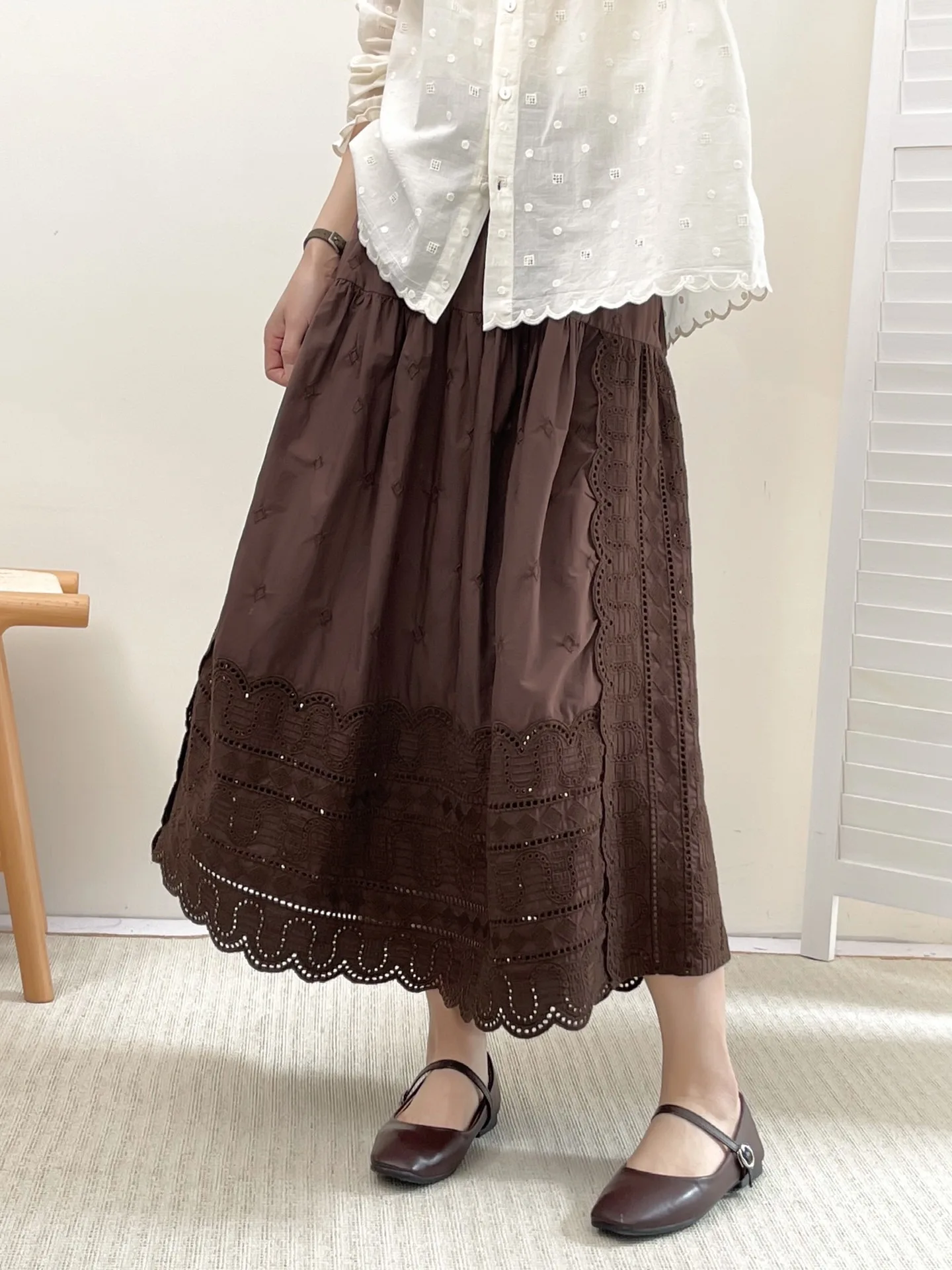

Spring 2024 Women's Cotton Embroidered Hollow out Elastic Waist Skirt A-Line Midi Skirt Pure Color Retro Sle f Body Skirt