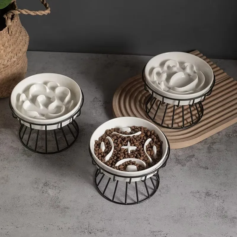 

Ceramic Anti-Spill Dog Bowl Neck Frame Eco-Friendly Slow Feeder Solid Pattern Anti-Choke Dog Food Bowl for Small Dogs