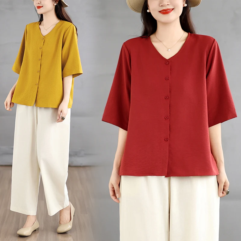 

Summer New Loose Cotton Linen Thin Set Women's Casual Wide Leg Pants Top Bottoms Two-Piece Pure Color Belly Covering Outfit