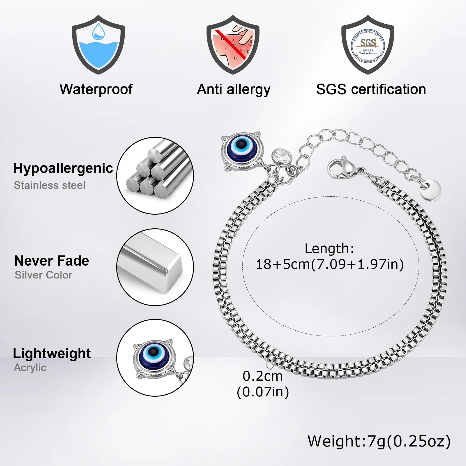 Hiphop Evil Eye Charms Kettenarmband für Männer und Jungen, 2-lagiges quadratisches Box-Kettenarmband, Edelstahl-Schmuckgeschenk – Detail 3