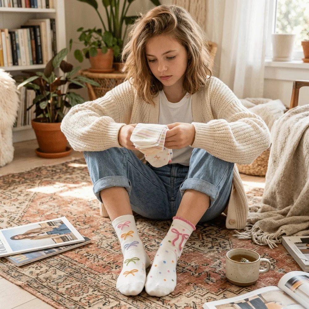 5 Pair Set New Ruffle Bowknot Socks Print Pattern Soft Elastic Mid Tube Socks Breathable Cotton Girls Ankle Socks Daily Wear