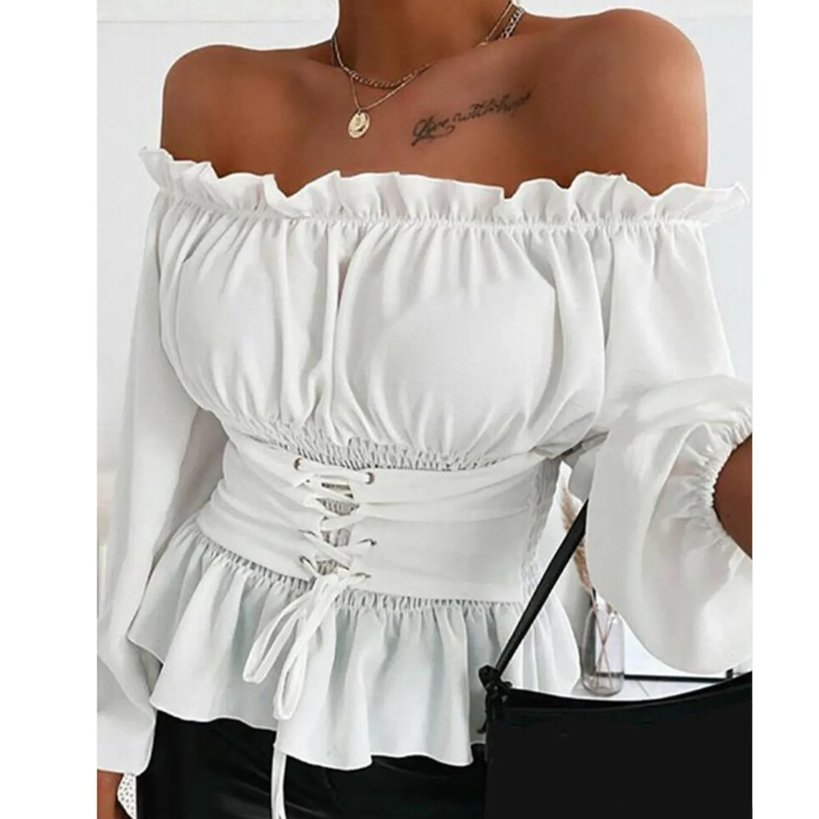 Ruffles korset Off Shoulder atasan dan blus wanita Gothic Renaissance baju antik Victoria kostum Cosplay kaus bajak laut baru