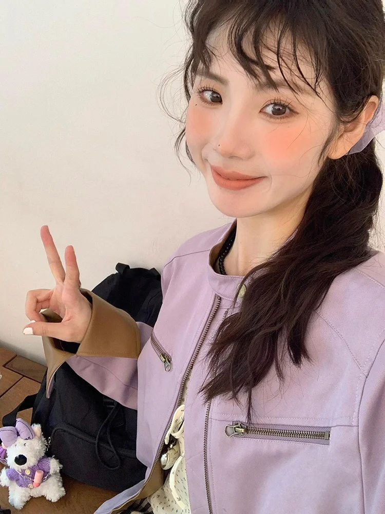 Giacca Corta in Pelle PU da Donna, Stile Motociclista, Colore Viola Taro, per Primavera e Autunno, Moda Piccola Fragranza, Antivento