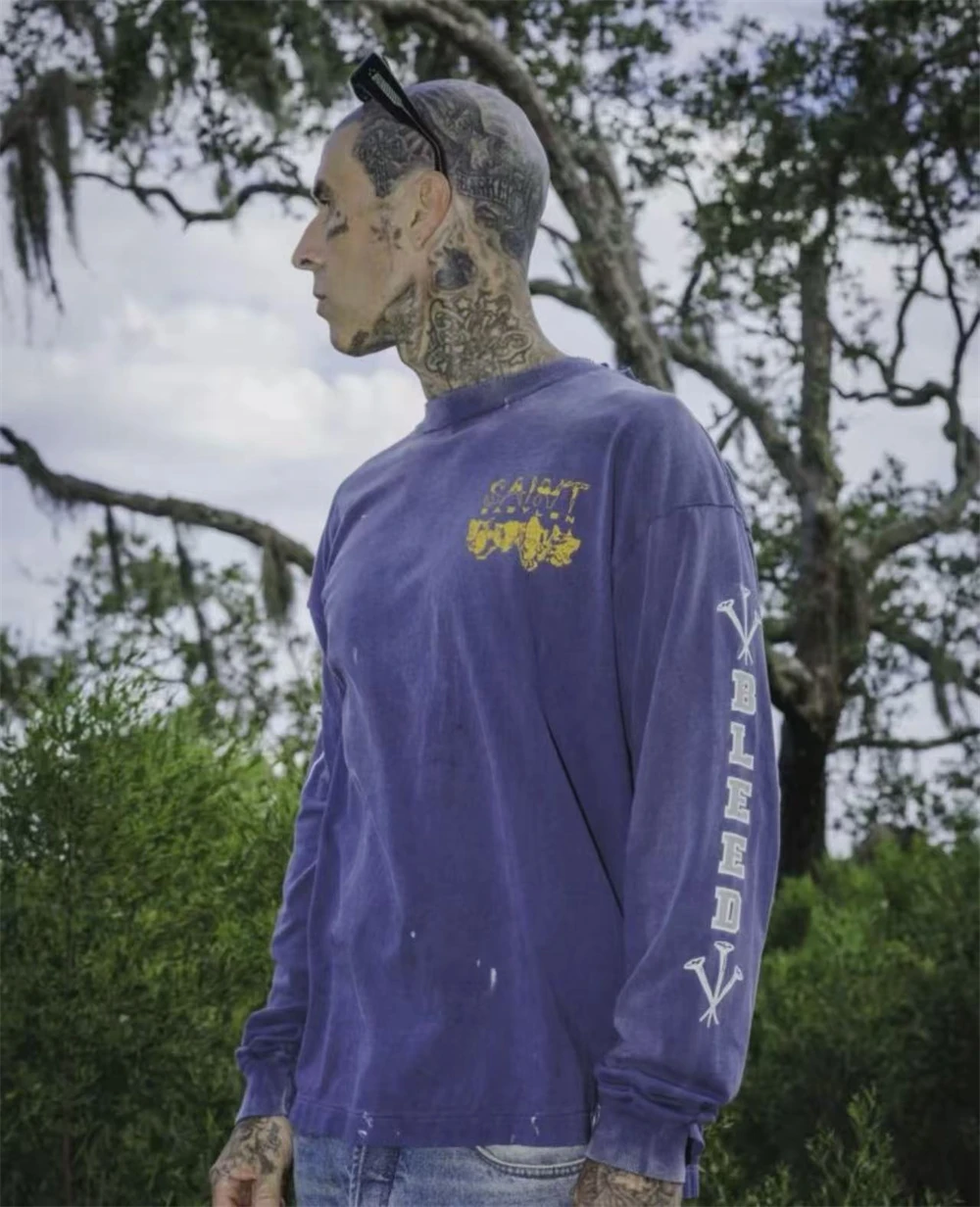Autumn Winter 2025 New Men's Long-sleeved Sweatshirt Vintage Saint Letter Print High Quality Round Neck Oversize Tops Clothing