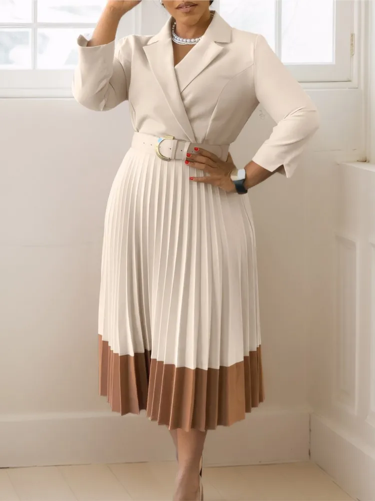 

Women's Long Sleeve Suit Dress With Belt Pleated Contrast Hem Chic Formal Attire For Temperament Office Ladies Commuting Dresses