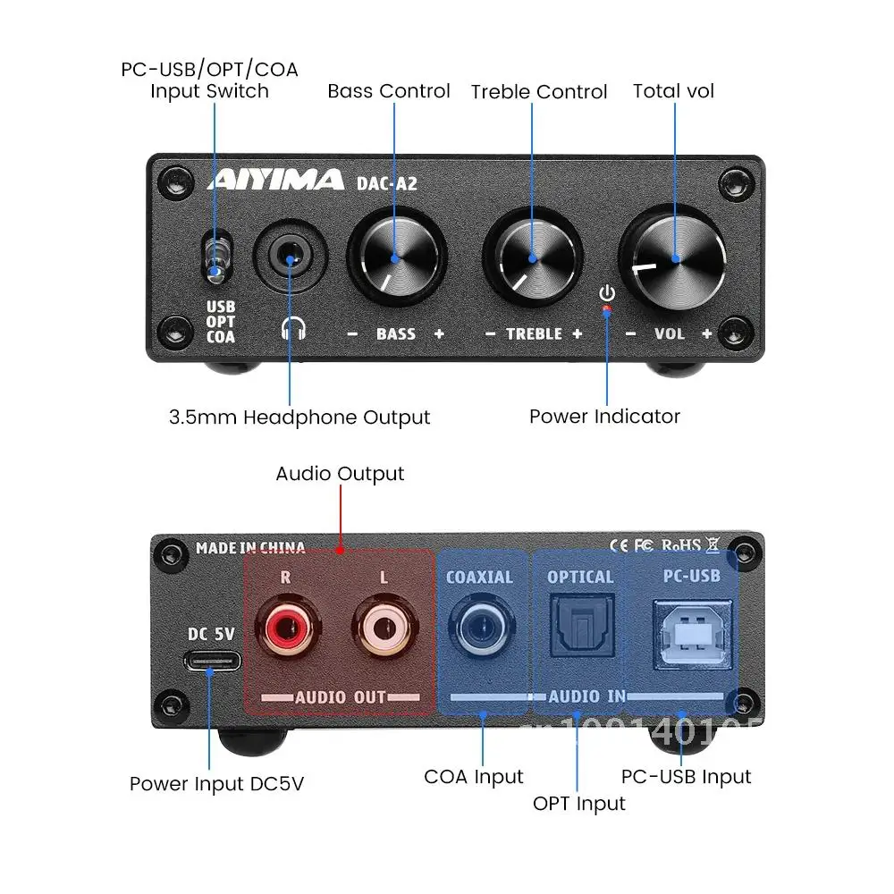 AIYIMA DAC A2 Audio Decoder Fiber Coaxial USB Decoder Bass Treble Adjustment DAC With Headphone Amplifier For Home Sound Theater