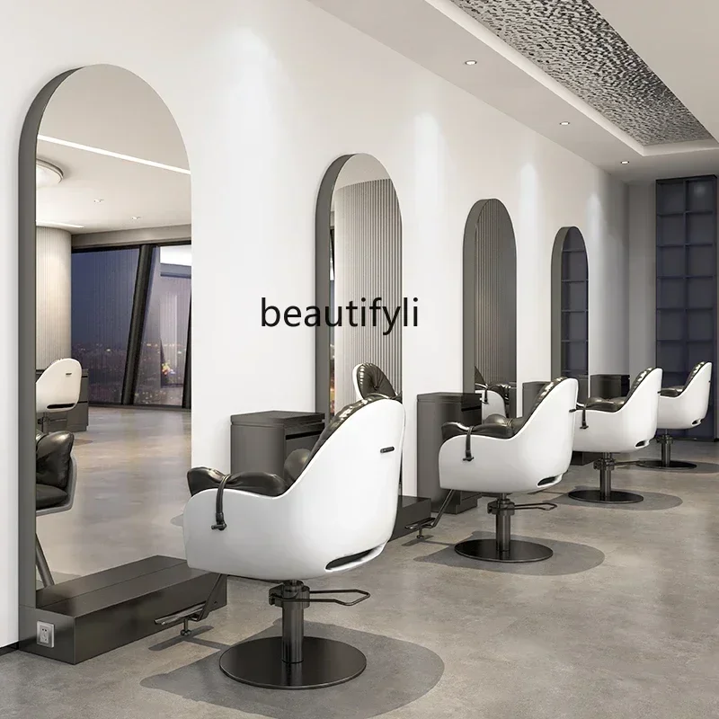 

xxqHair Salon Mirror Stainless Steel Floor with Light Barber Shop Mirror Single Double-Sided Hot Dyeing Dressing Table