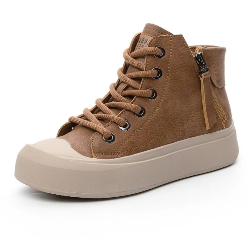 

New Premium Real Leather High Top Sneakers Trendy Boots Flat Sole Autumn Winter Shoes Woman Sneakers