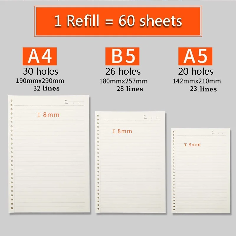 Recharge remplaçable cahier à feuilles mobiles A4 A5 B5 classeur planificateur 6 Styles disponibles fournitures scolaires de bureau accessoires de papeterie