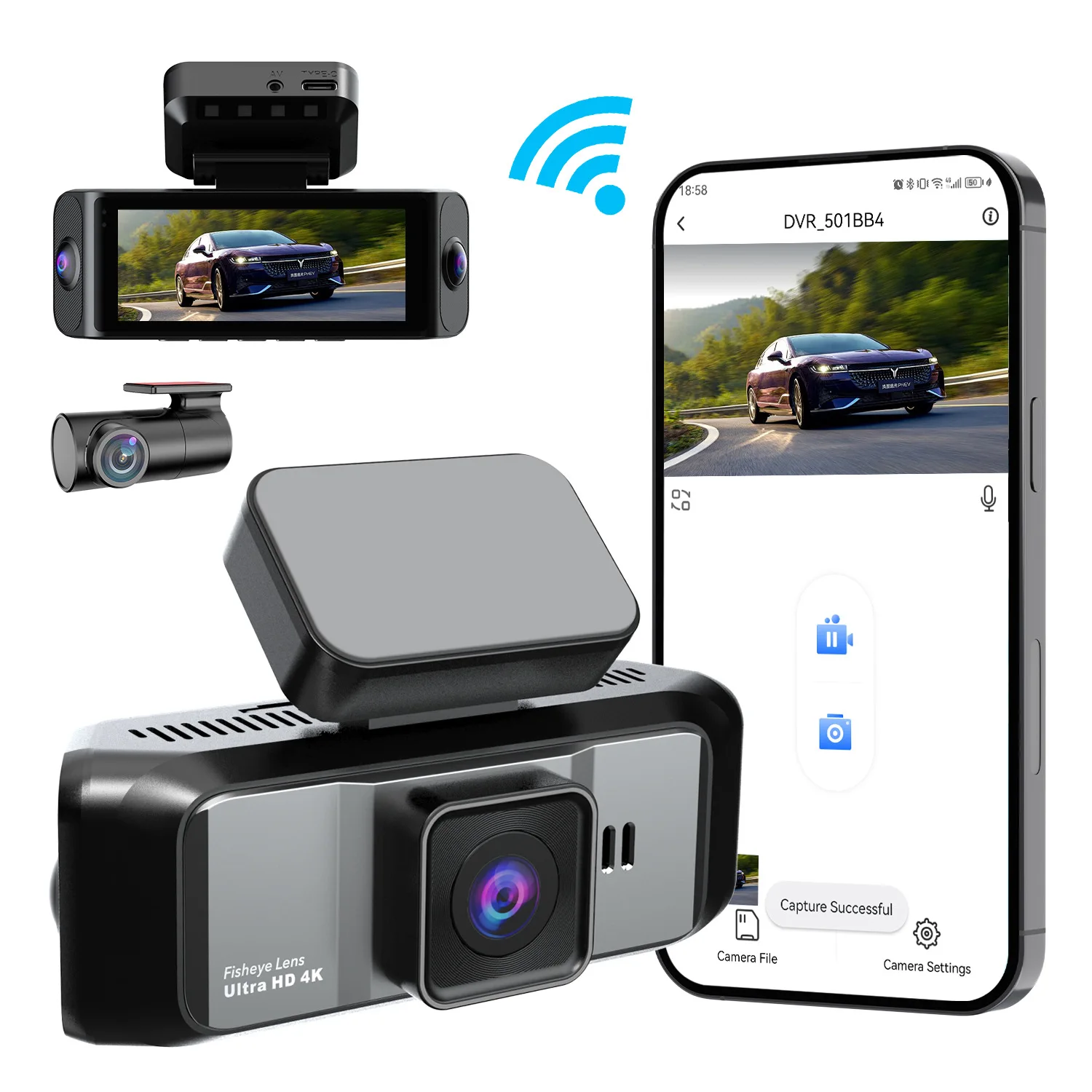 4K UHD 4 Channel Car DVR Dash Cam Quad Lens All Round View 3.39