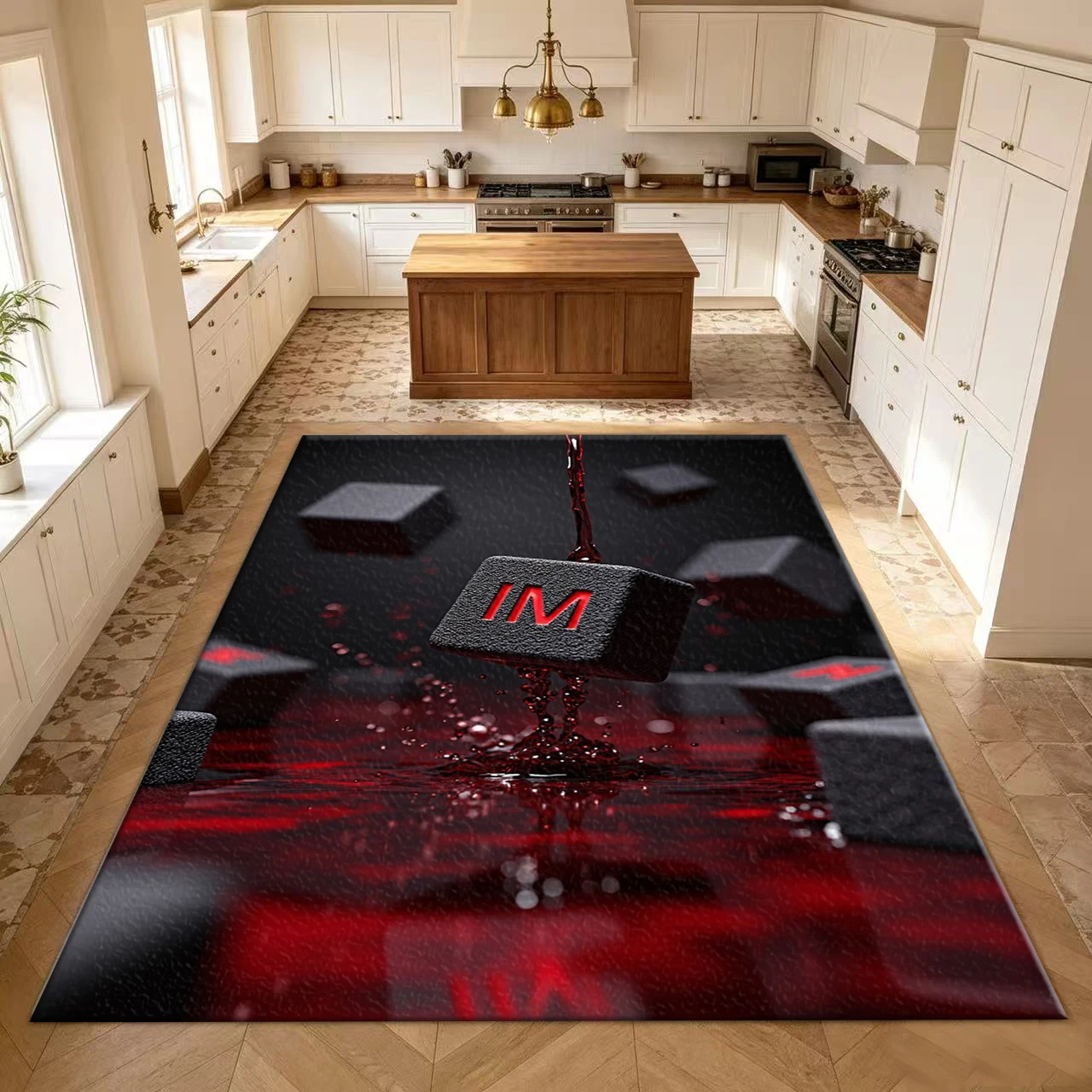 Red Liquid Black Cube Creative Art Carpet 3D Effect Printed Carpet Home Living Room Bedroom Floor Mat