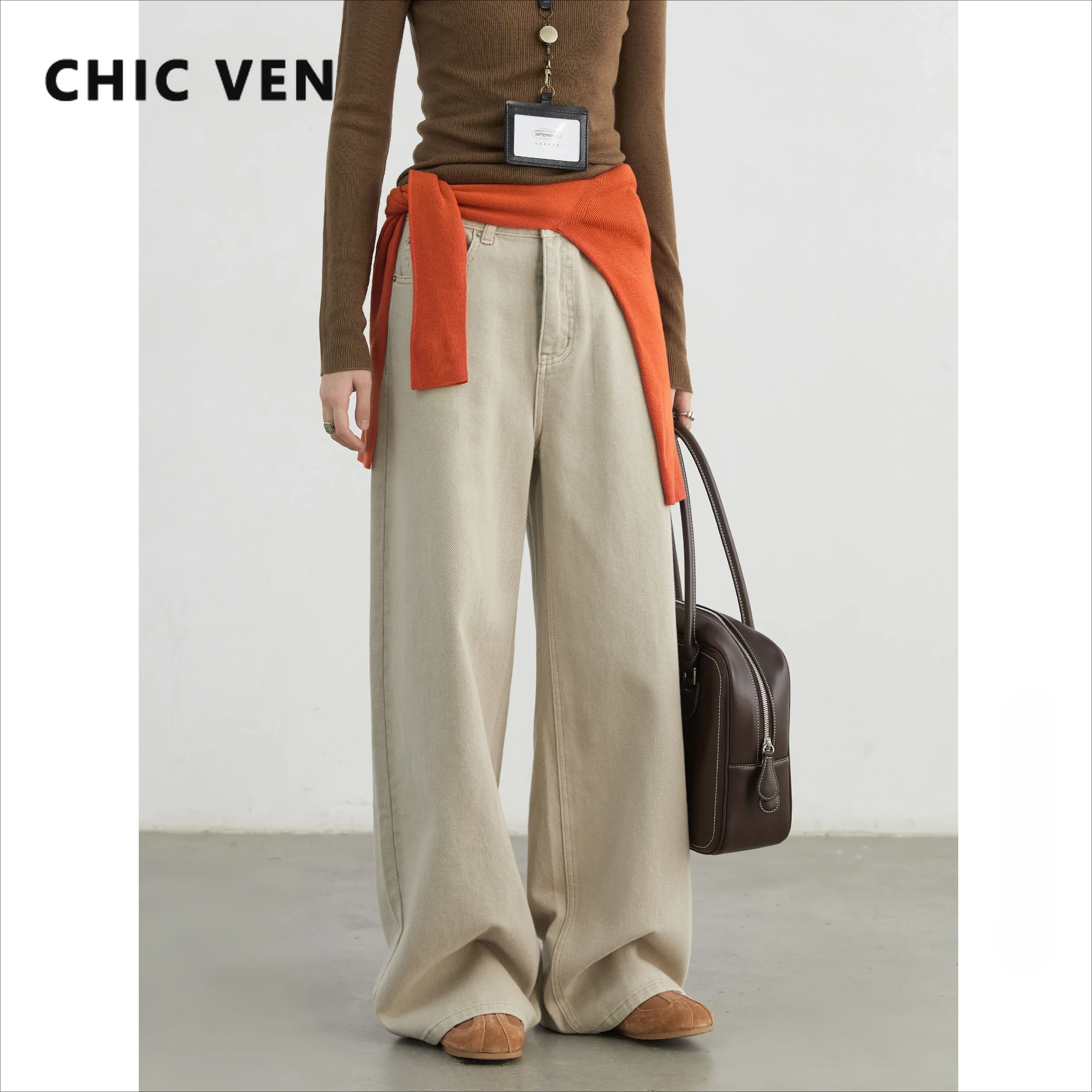 CHIC VEN Women Pants Cotton Loose High Waisted Slim Straight Leg Female Jeans Casual Wide Leg Trousers Autumn Winter 2024