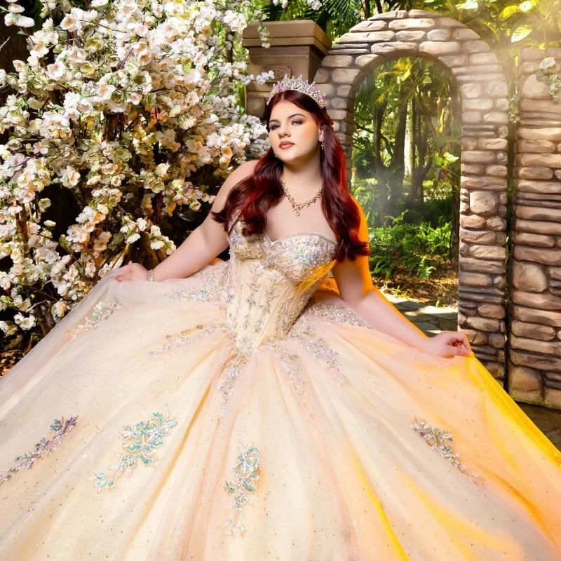 

luxury champagne Shoulder Quinceanera Dress Lace layering flower decal glitter vestidos de 15 Quinceanera ﻿Customized