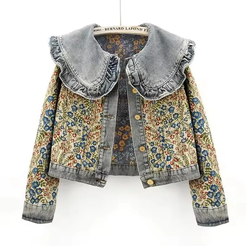 

Spring Autumn Jacquard Embroidery Peter Pan Collar Denim Jacket Women Loose Short Cowboy Outerwear Casual Jeans Jacket Female