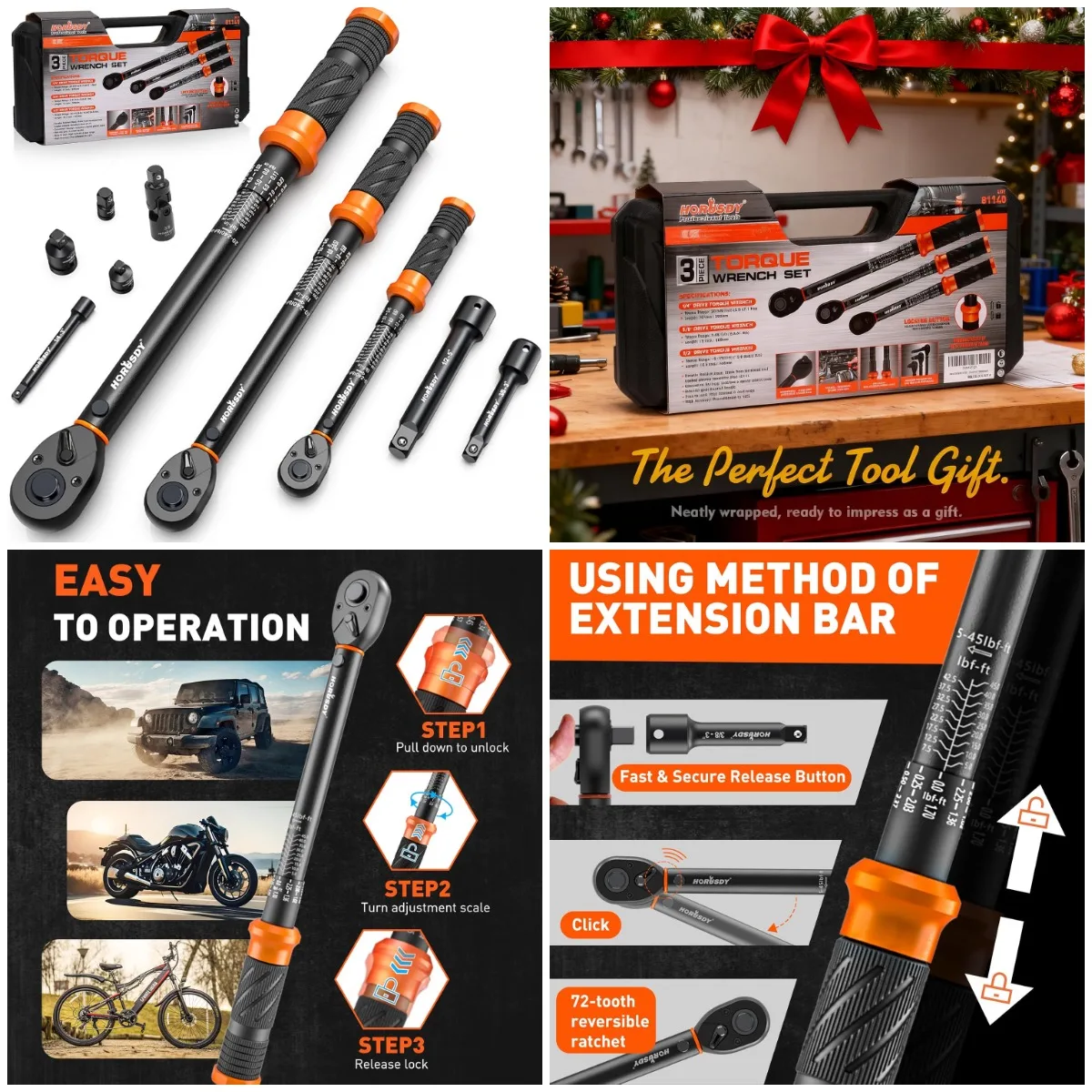 

3Pack 1/4', 3/8', 1/2' Drive Click Torque Wrench Set with Extensions & Adapters for Car, Bike, Motorcycle DIY