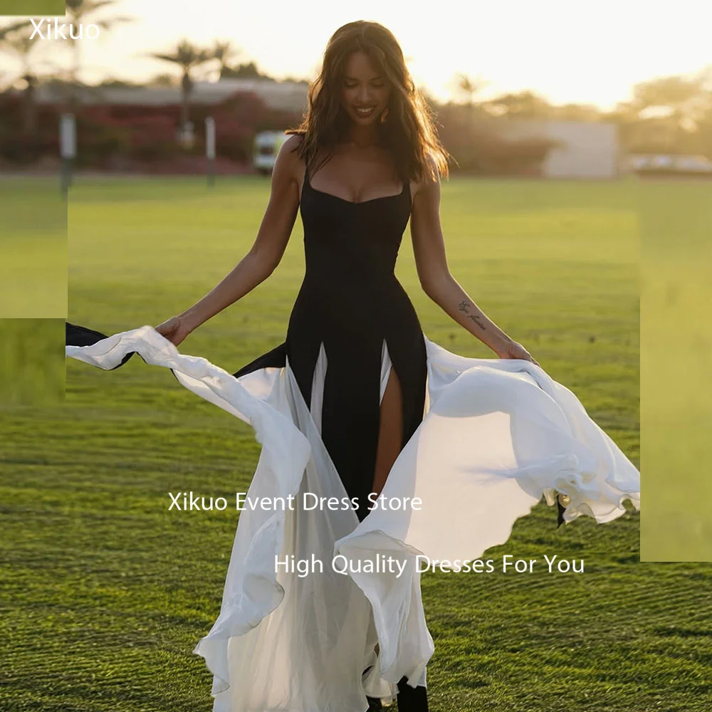 فساتين سهرة عصرية باللونين الأبيض والأسود من Xikuo بحزام سباغيتي على شكل حرف A Abito Cerimonia Donna بفتحة عالية للحفلات الراقصة مخصصة