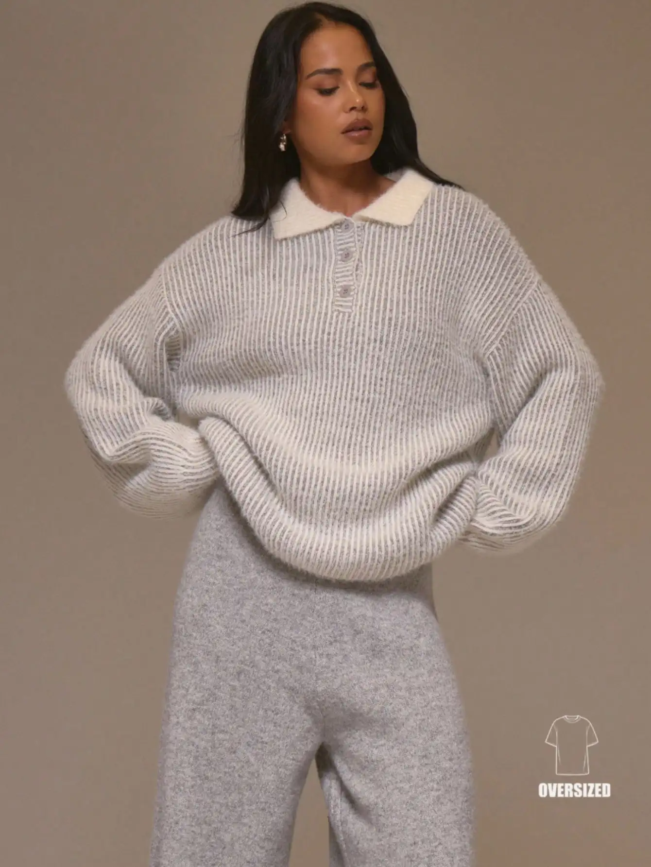 

Oversized Two Tone Mohair Knit Polo Collar Sweater with Button Detail, Street Style Fall Winter